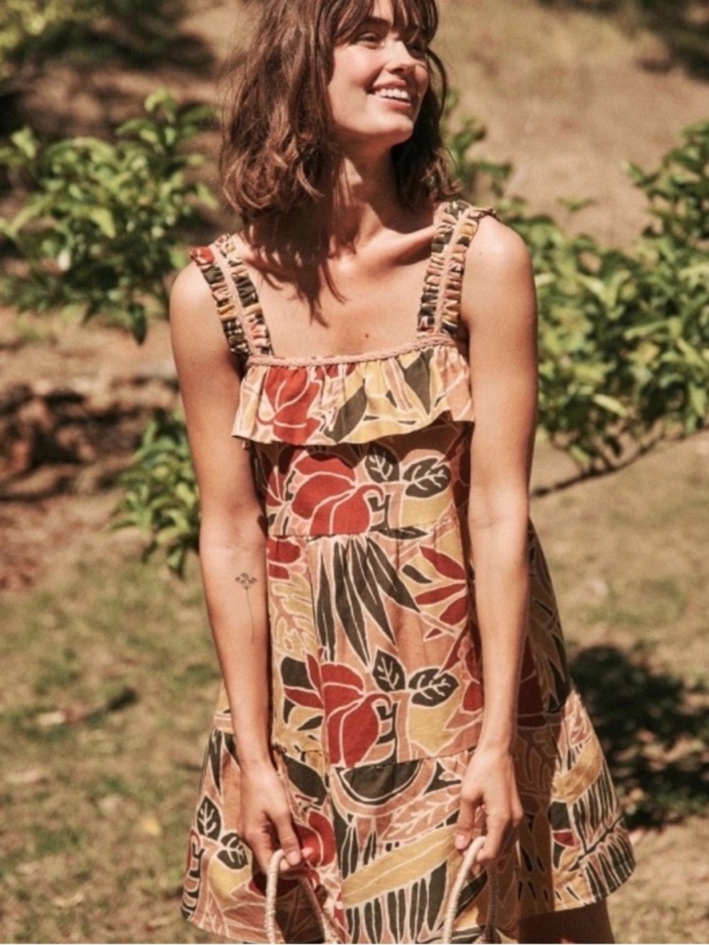 Sézane Fily Vicky Leaves Tropical Floral‎ Ruffle Mini Dress Size 36